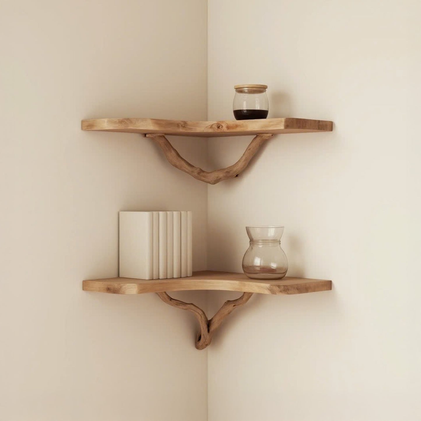 Driftwood branch conner shelf art wall mount tree floating bookshelf solid wood bookcase handmade furniture for home decor