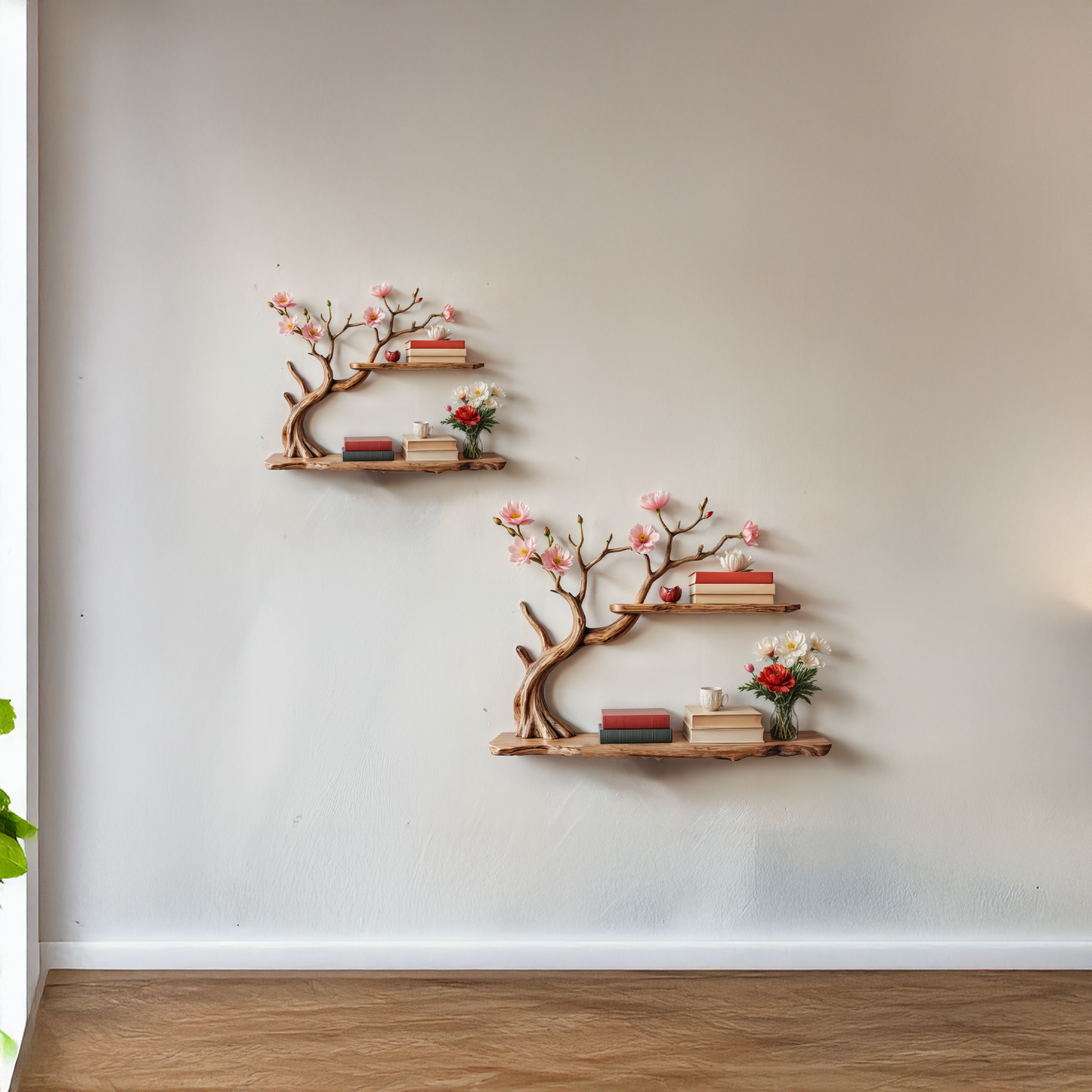 Natural driftwood shelf handcrafted tree bookshelf wall mount rustic solid wood bookcase for entryway space decor
