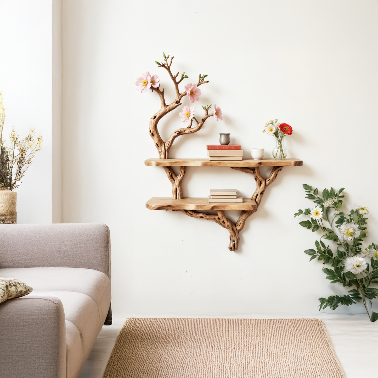 Natural driftwood floating shelf handcrafted tree branch bookshelf wall mount rustic solid wood bookcase for livingroom space decor