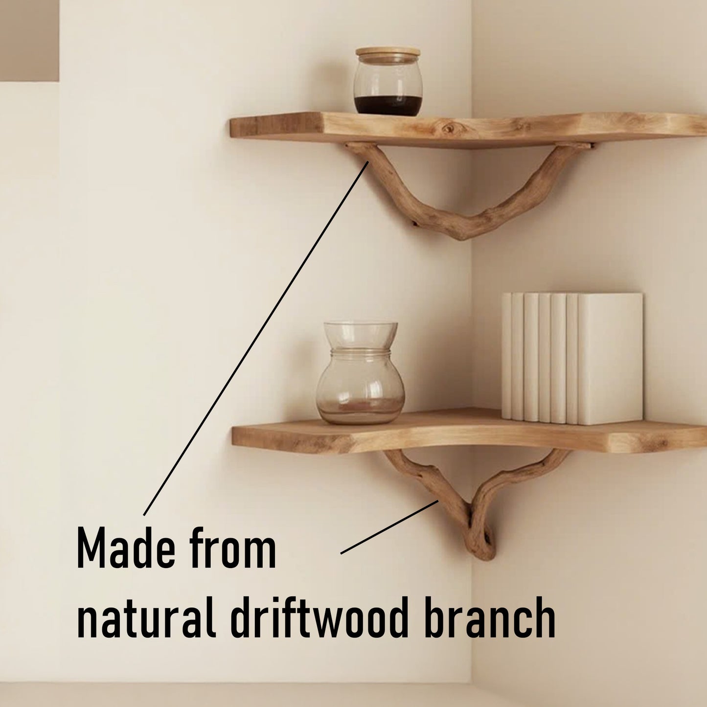 Driftwood branch conner shelf art wall mount tree floating bookshelf solid wood bookcase handmade furniture for home decor
