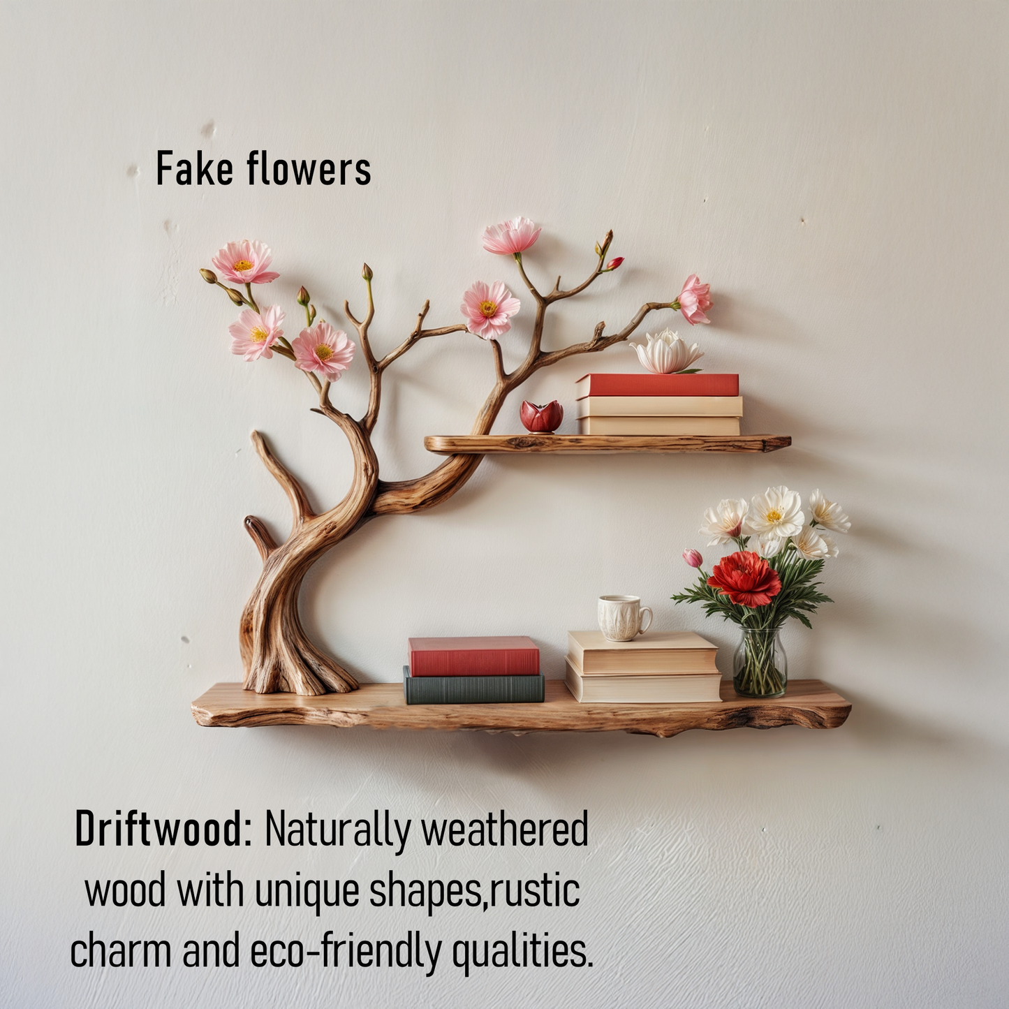 Natural driftwood shelf handcrafted tree bookshelf wall mount rustic solid wood bookcase for entryway space decor