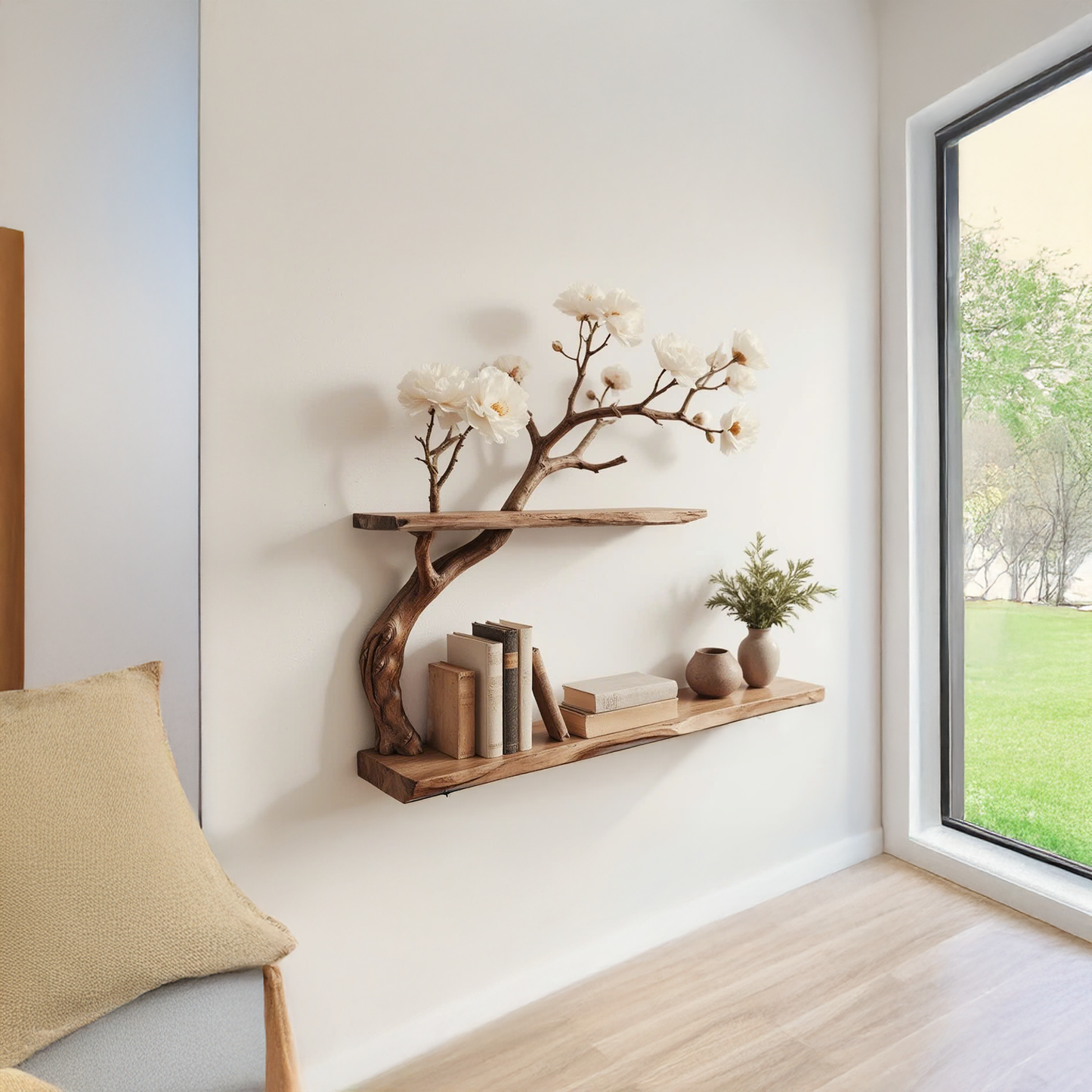 Natural driftwood branch bookshelf rustic tree book shelf art solid wood bookcase for entryway space decor