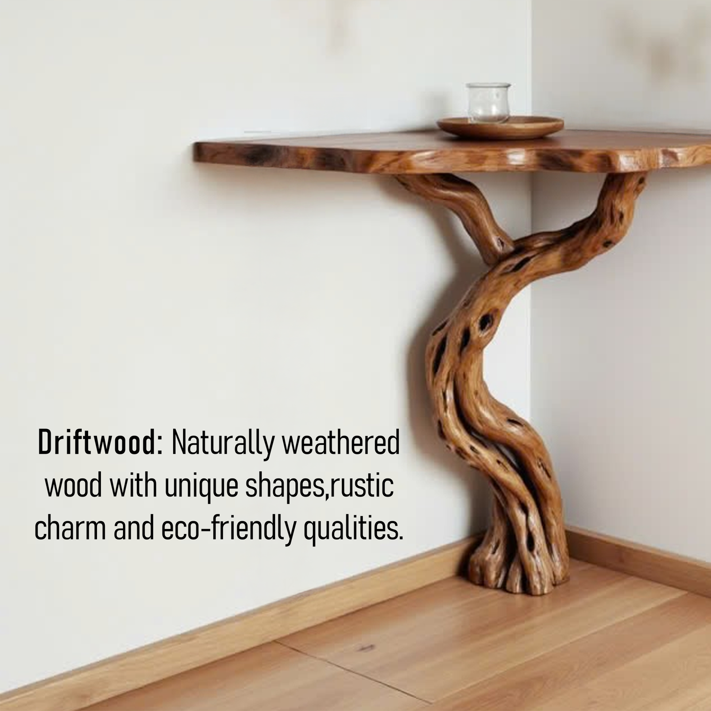 Driftwood corner console table natural tree branch rustic table entryway floating bookshelf handmade furniture
