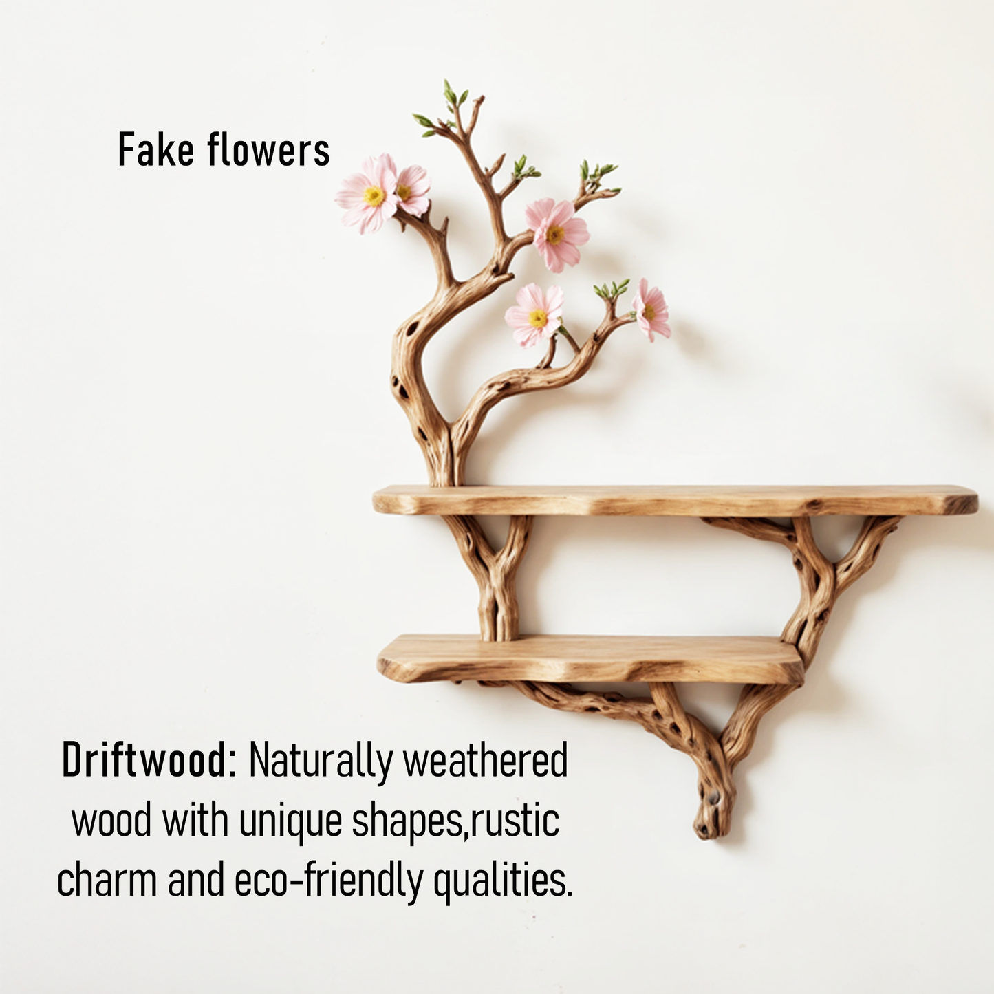 Natural driftwood floating shelf handcrafted tree branch bookshelf wall mount rustic solid wood bookcase for livingroom space decor