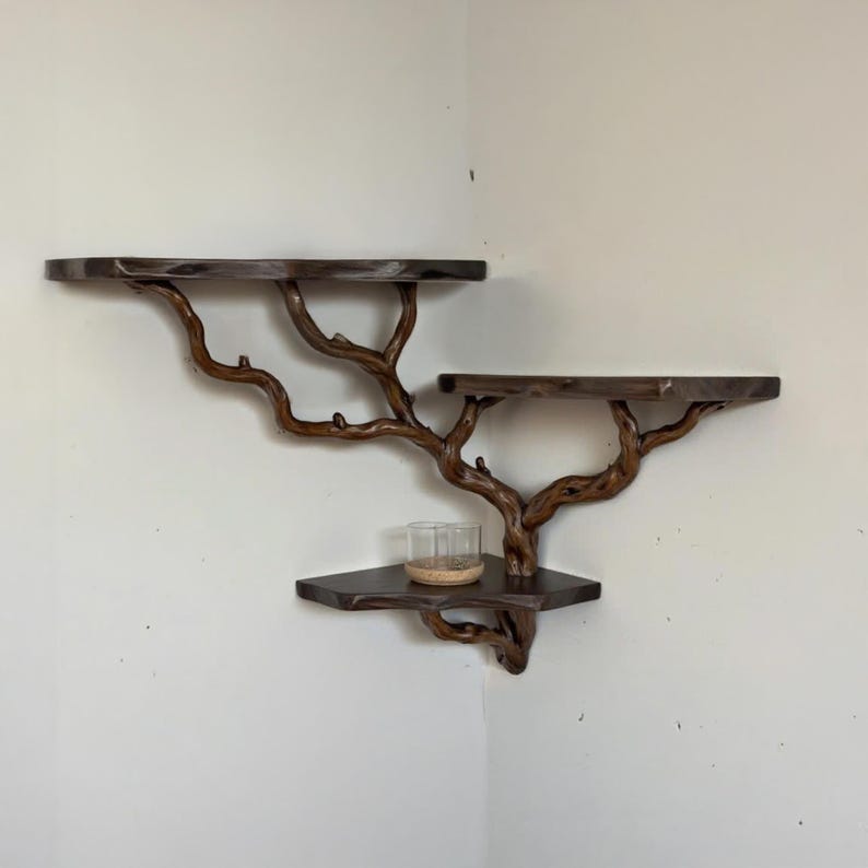 Natural driftwood floating corner shelf solid wood shelves tree branch bookshelf decor hand-crafted for living room