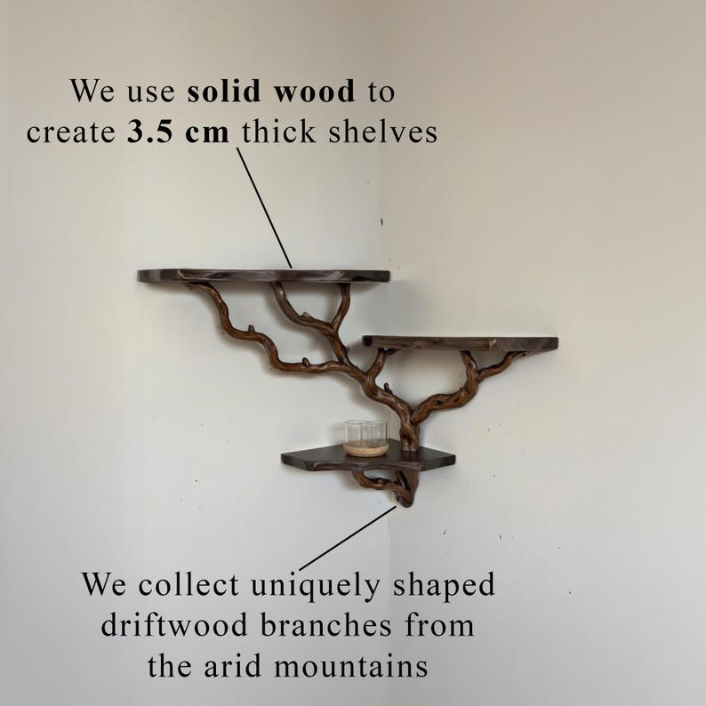 Natural driftwood floating corner shelf solid wood shelves tree branch bookshelf decor hand-crafted for living room