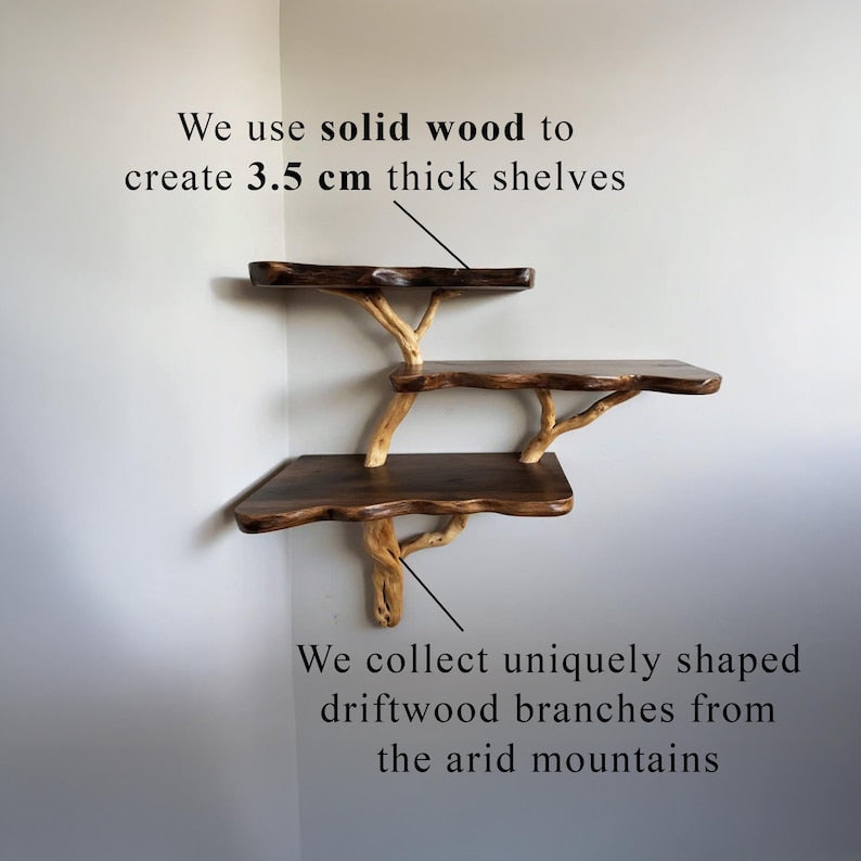 Tree branch bookshelf floating corner shelf natural driftwood shelf bookcase solid wood shelves on wall decor for living room
