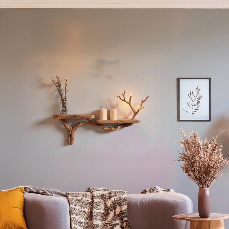 Rustic console table natural driftwood shelf tree branch bookshelf wall mount unique solid wood bookshelves decor