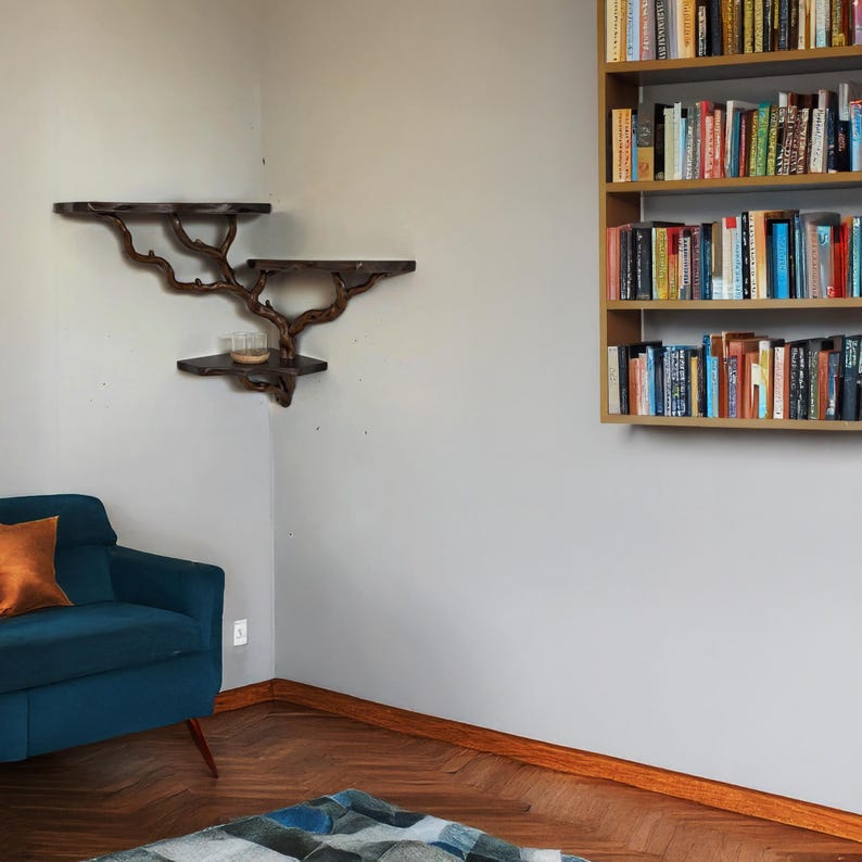 Natural driftwood floating corner shelf solid wood shelves tree branch bookshelf decor hand-crafted for living room