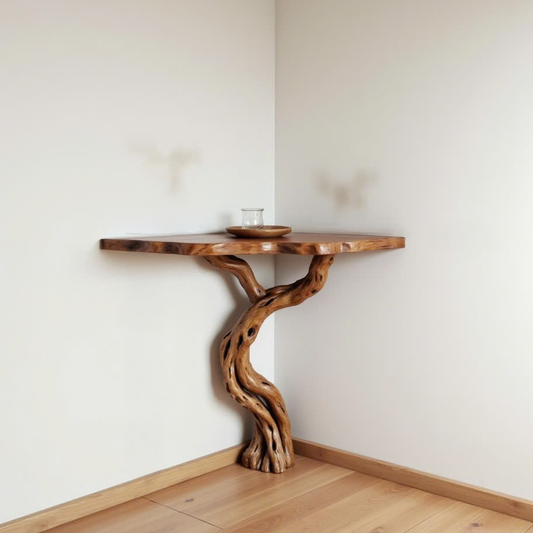 Driftwood corner console table natural tree branch rustic table entryway floating bookshelf handmade furniture