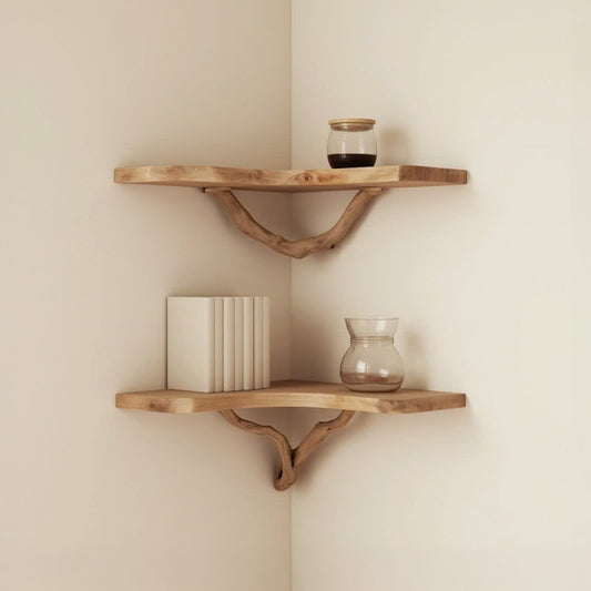 Driftwood branch conner shelf art wall mount tree floating bookshelf solid wood bookcase handmade furniture for home decor