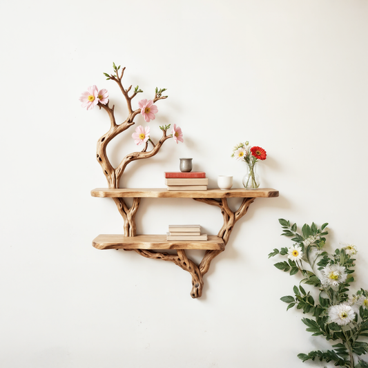 Natural driftwood floating shelf handcrafted tree branch bookshelf wall mount rustic solid wood bookcase for livingroom space decor