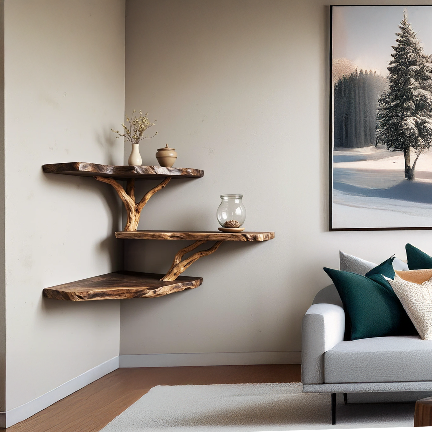 Driftwood corner wall shelf natural solidwood bookshelf art unique floating shelves wall mount handmade furniture decor