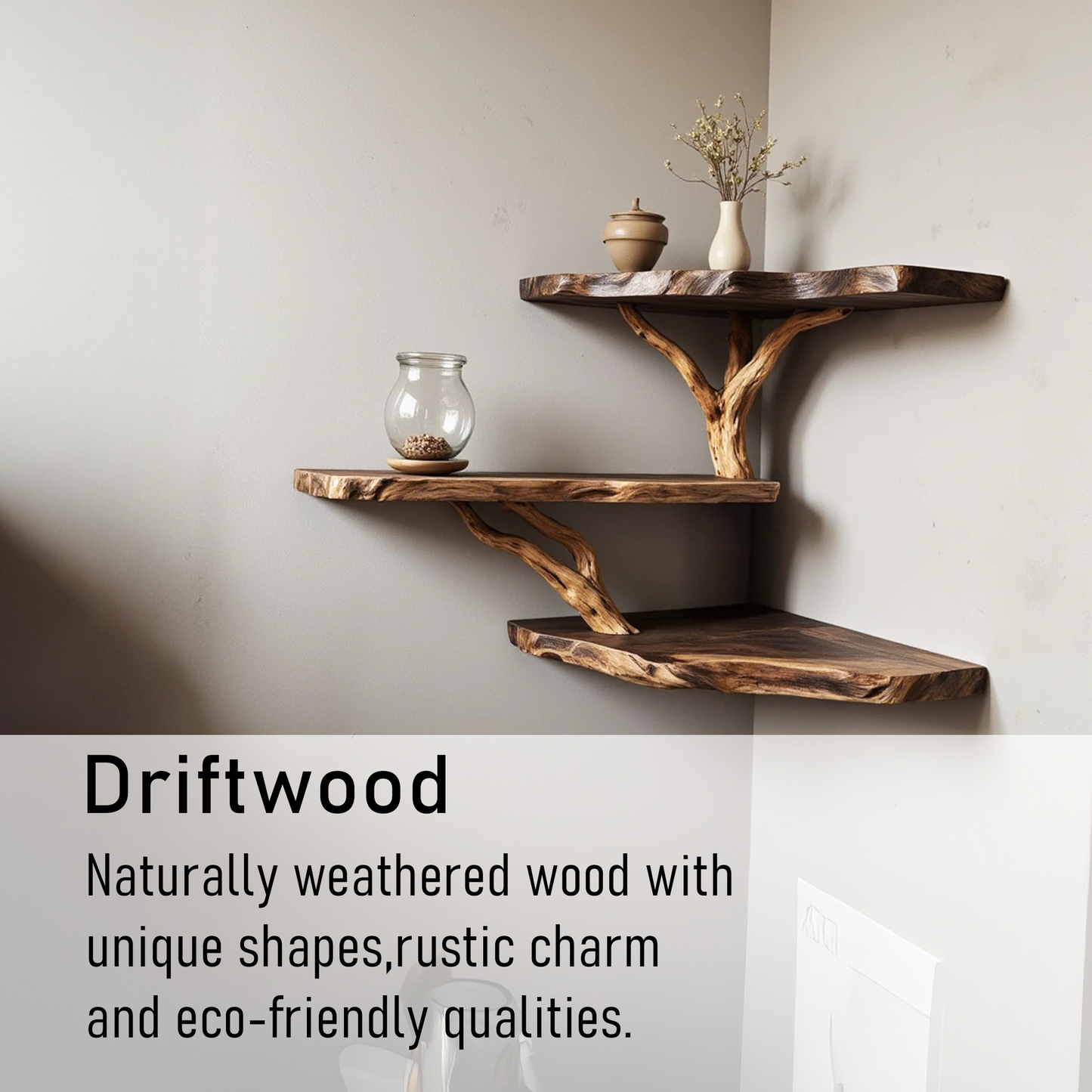 Driftwood corner wall shelf natural solidwood bookshelf art unique floating shelves wall mount handmade furniture decor