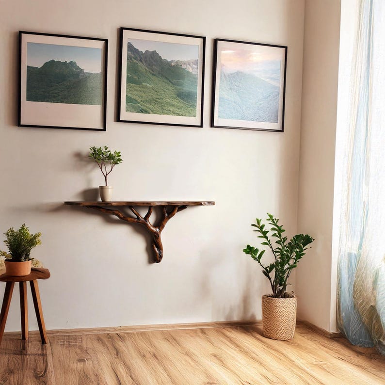 Natural driftwood shelf custom floating shelf rustic console table solidwood bookshelf wall mount unique tree bracnh bookshelves decor