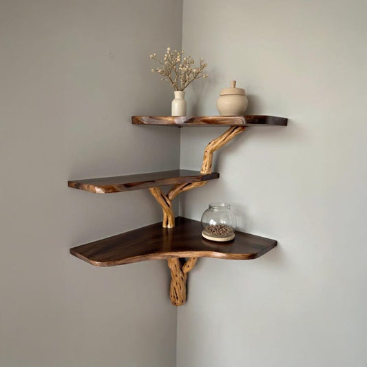 Floating corner shelf tree branch bookshelf bookcase solid wood shelves on wall decor for living room