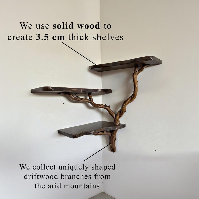 Floating corner shelf tree branch bookshelf natural driftwood shelf bookcase solid wood shelves on wall decor for living room