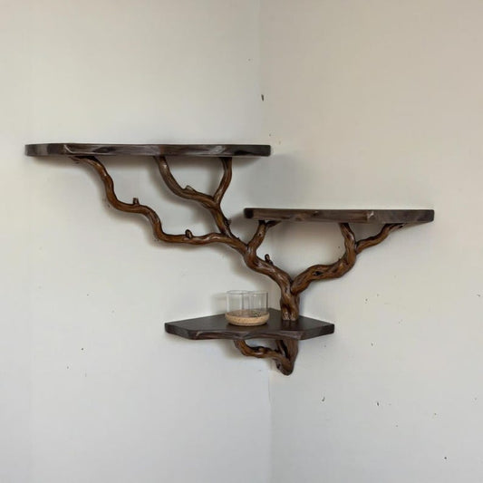 Natural driftwood floating corner shelf solid wood shelves tree branch bookshelf decor hand-crafted for living room