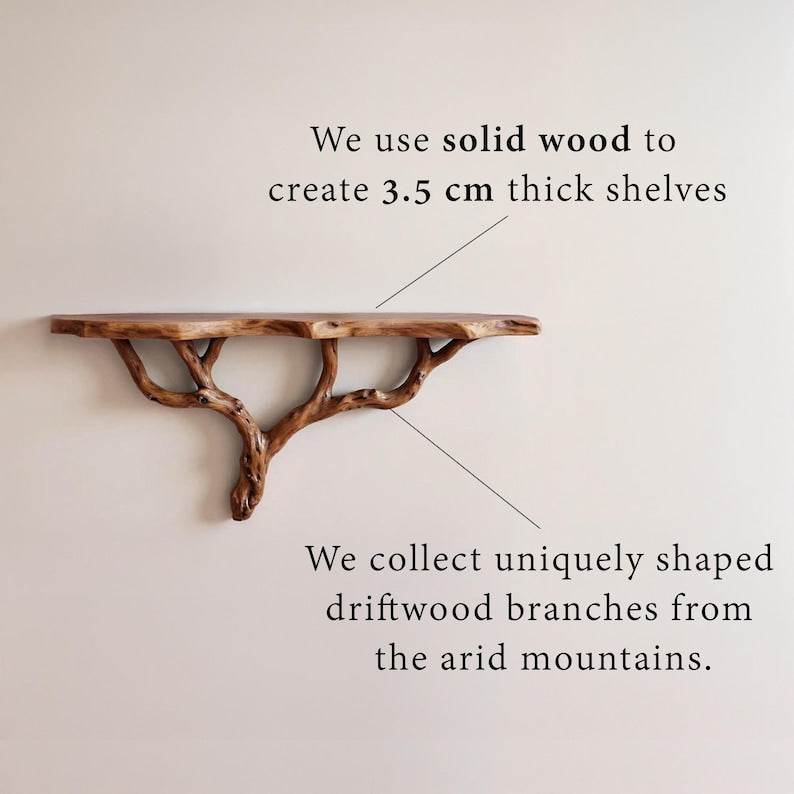 Custom floating shelf natural driftwood shelf rustic console table solidwood bookshelf wall mount unique tree bracnh bookshelves decor