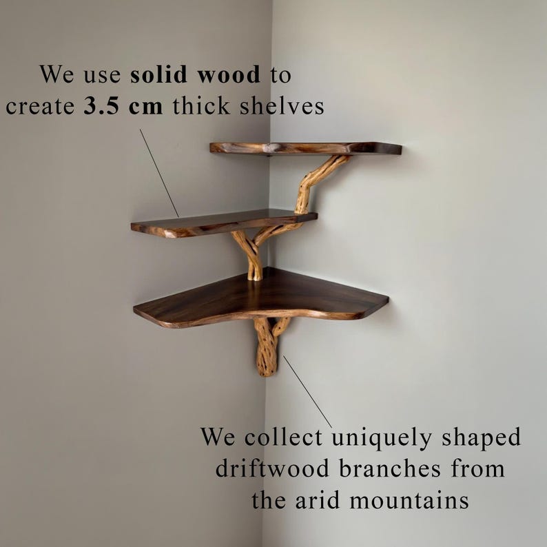 Floating corner shelf tree branch bookshelf bookcase solid wood shelves on wall decor for living room