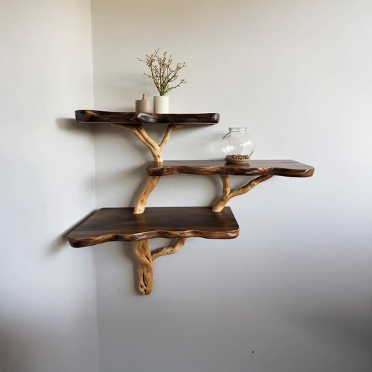 Tree branch bookshelf floating corner shelf natural driftwood shelf bookcase solid wood shelves on wall decor for living room
